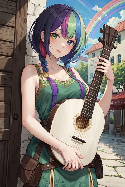 (masterpiece, best quality, detailed background, intricate details), 1girl, ((rainbow hair)), heterochromatic, blue eye, green eye, smiling, bard, colorful clothes, playing lute, medieval village square