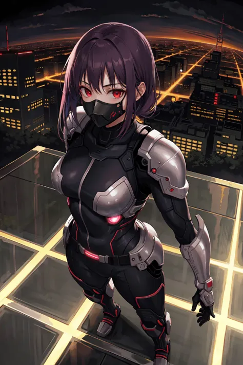 (masterpiece, best quality, detailed background, intricate details), science fiction atmosphere, futuristic city rooftop, 1girl, purple hair, red eyes, ninja, scifi ninja armor, mask, glowing, night, from above