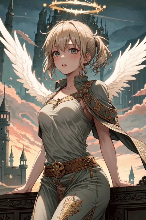 (masterpiece, best quality, detailed background, intricate details), floating castle, 1girl, angel, glowing halo, glowing wings, white toga,