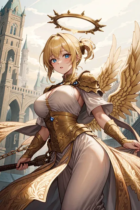 (masterpiece, best quality, detailed background, intricate details), floating golden castle, 1girl, angel, blonde hair, blue eyes, glowing halo, large glowing wings, white toga,