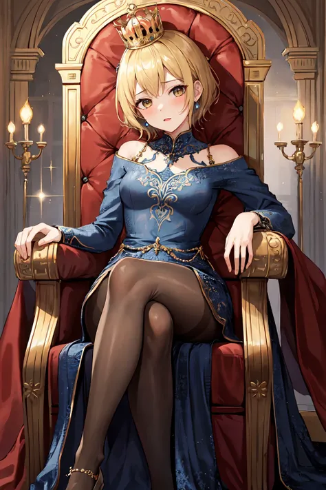 (masterpiece, best quality, detailed background, intricate details), 1girl, short blonde hair, gold eyes, sparkling blue gown, intricate dress, long sleeves, jeweled crown, pantyhose, ornate throne room