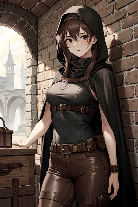 (masterpiece, best quality, detailed background, intricate details), fantasy theme, inside dungeon, 1girl, thief, brown leather pants, leather shirt, black cloak, hood, bandana, black eyes, dagger on hip, belt pouches, confident expression, dynamic pose, rusty treasure chest, stone walls, dark