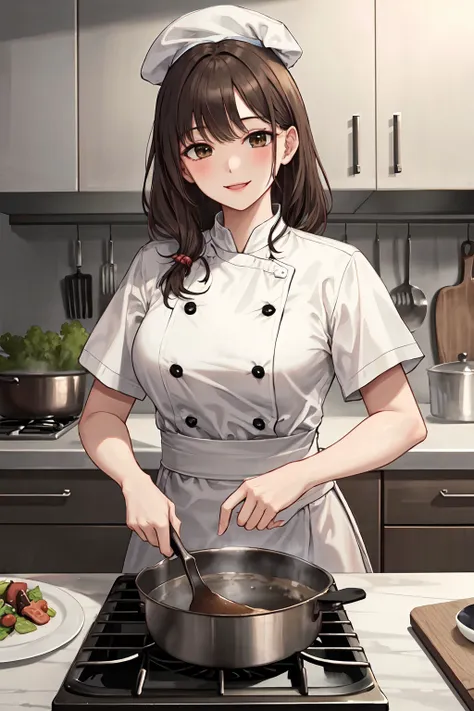 (masterpiece, best quality, detailed background, intricate details), fancy kitchen, 1girl, chef, cooking, brown hair, chef hat, chef uniform, smiling