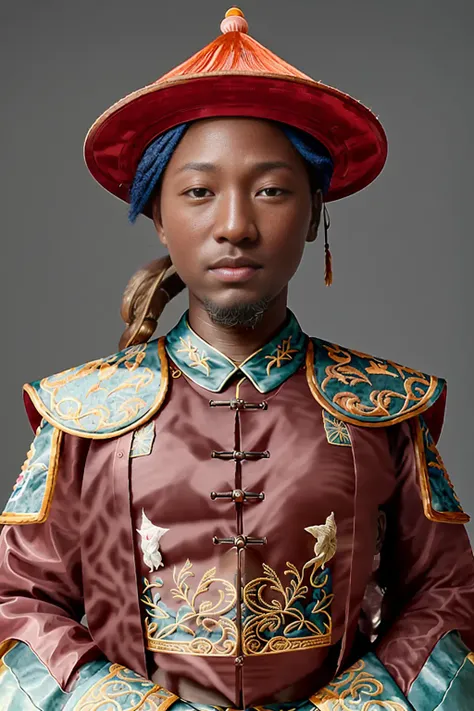 RAW photo, delicate, best quality, (intricate details:1.3), hyper detail, finely detailed, colorful, 1man, solo, 8k uhd, film grain, (studio lighting:1.2), (Fujifilm XT3), (photorealistic:1.3), (detailed skin:1.2),(nose blush),beautiful detailed eyes, full body,qing dynasty,bob hat,