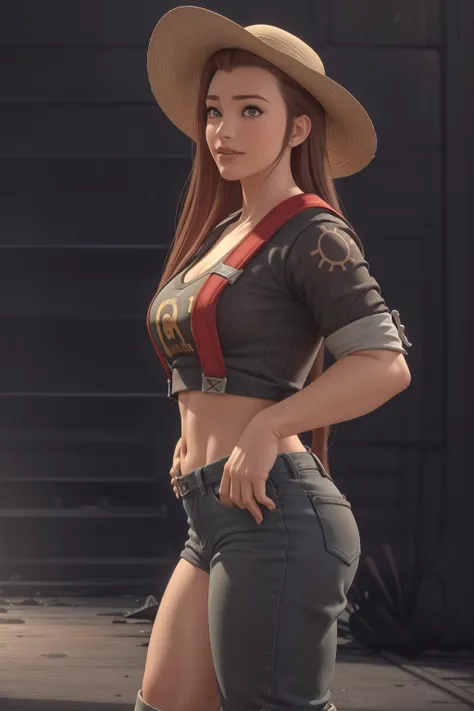 realistic, realism, photorealism, photo-realistic, high contrast, (photorealistic:1.4), 8k high definition detailed realistic, (best quality, masterpiece:1.2), NSFW, photon mapping, radiosity, physically-based rendering, best quality, highly detailed, owbriggitte,brown eyes, looks at the viewer, standing, outdoor, sky, street, crowd, full body, cowgirl pose, cowboy hat , smile, jeans,