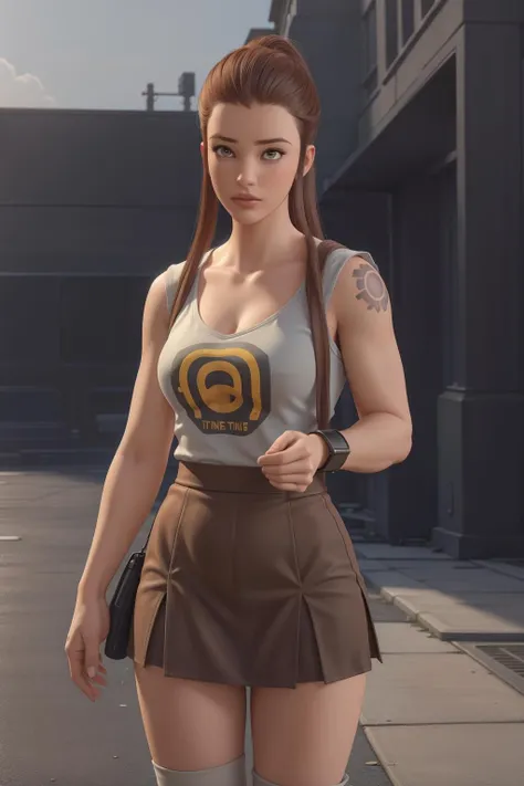 realistic, realism, photorealism, photo-realistic, high contrast, (photorealistic:1.4), 8k high definition detailed realistic, (best quality, masterpiece:1.2), NSFW, photon mapping, radiosity, physically-based rendering, best quality, highly detailed, owbriggitte,brown eyes, looks at the viewer, standing, outdoor, sky, street, crowd, full body, skirt, ((looks at the viewer)),