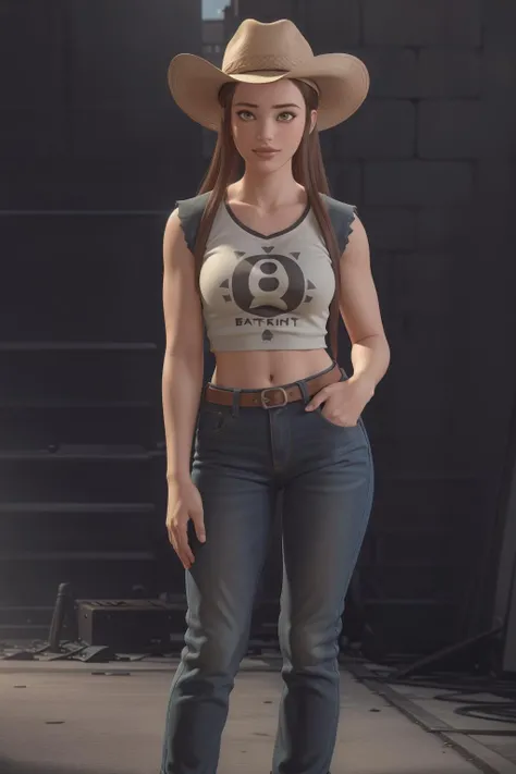 realistic, realism, photorealism, photo-realistic, high contrast, (photorealistic:1.4), 8k high definition detailed realistic, (best quality, masterpiece:1.2), NSFW, photon mapping, radiosity, physically-based rendering, best quality, highly detailed, owbriggitte,brown eyes, looks at the viewer, standing, outdoor, sky, street, crowd, full body, cowgirl pose, cowboy hat , smile, jeans,