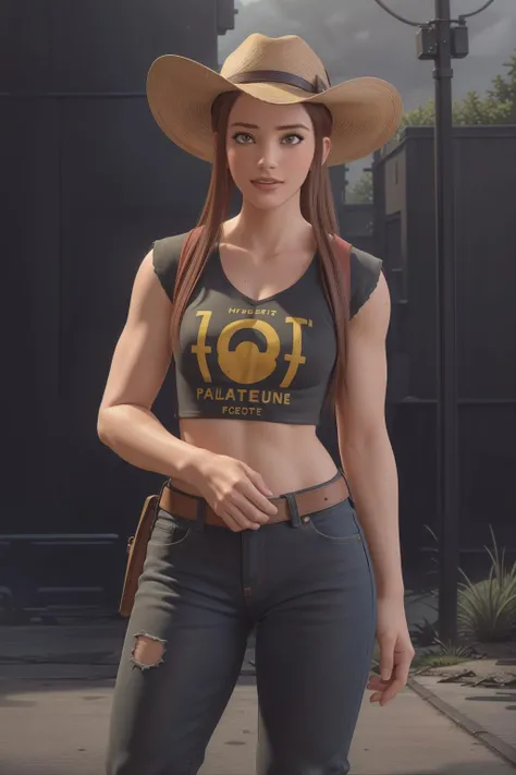 realistic, realism, photorealism, photo-realistic, high contrast, (photorealistic:1.4), 8k high definition detailed realistic, (best quality, masterpiece:1.2), NSFW, photon mapping, radiosity, physically-based rendering, best quality, highly detailed, owbriggitte,brown eyes, looks at the viewer, standing, outdoor, sky, street, crowd, full body, cowgirl pose, cowboy hat , smile, jeans,
