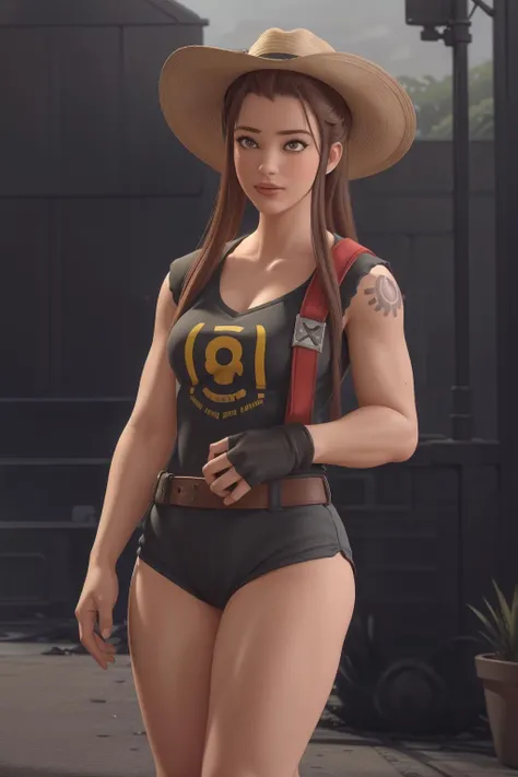 realistic, realism, photorealism, photo-realistic, high contrast, (photorealistic:1.4), 8k high definition detailed realistic, (best quality, masterpiece:1.2), NSFW,  photon mapping, radiosity, physically-based rendering, best quality, highly detailed, owbriggitte,brown eyes,  looks at the viewer, standing, outdoor, sky, street, crowd, full body, cowgirl pose, cowboy hat, ((looks at the viewer)), looking down , smile,