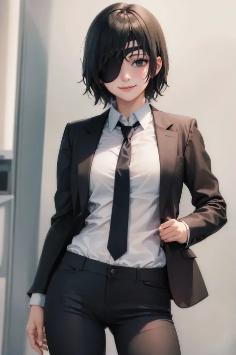 (masterpiece, best quality:1.2), <lora:csm_himeno-11:1>, solo, 1girl, himeno \(chainsaw man\), smile, looking at viewer, hand in pocket, eyepatch, black jacket, collared shirt, black necktie, black pants