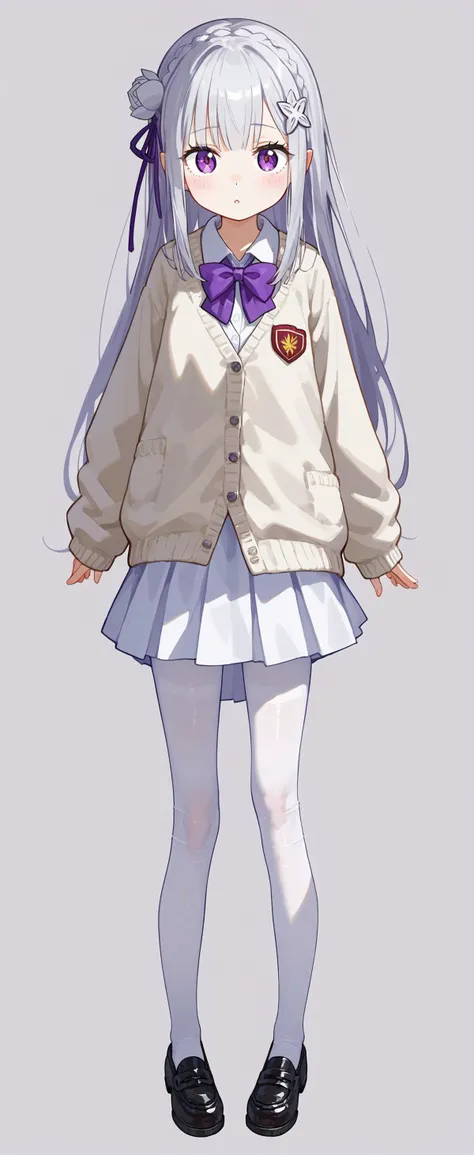 1girl, <lora:rezero-emilia-ponyxl-lora-nochekaiser:1>, emilia, silver hair, <lora:kakuya:1> shuuchiin_academy_uniform, school_uniform, dress, full body, white pantyhose, white cardigan, white skirt, purple bowtie,