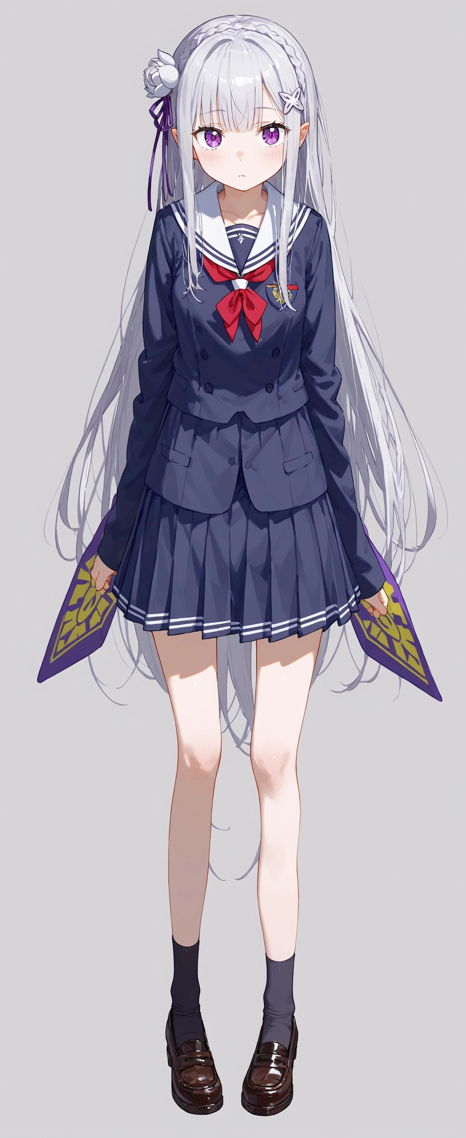 1girl, <lora:rezero-emilia-ponyxl-lora-nochekaiser:1>, emilia, silver hair, <lora:kakuya:1> shuuchiin_academy_uniform, school_uniform, dress, full body,