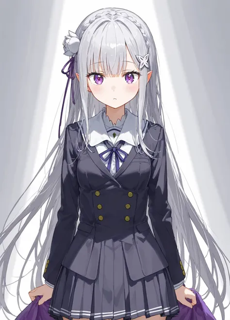 1girl, <lora:rezero-emilia-ponyxl-lora-nochekaiser:1>, emilia, silver hair, <lora:kakuya:1> shuuchiin_academy_uniform, school_uniform, dress,