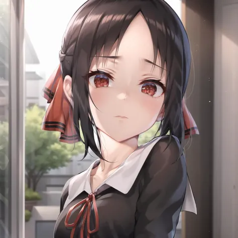 2d, masterpiece, best quality, anime, highly detailed eyes, highly detailed face, highly detailed background, perfect lighting, full body, 1girl, kaguya-sama wa kokurasetai ~tensai-tachi no renai zunousen~, shinomiya kaguya, black hair, red ribbon, hair ribbon, red eyes, school uniform, walking, school, expressionless <lora:kaguya:0.7>