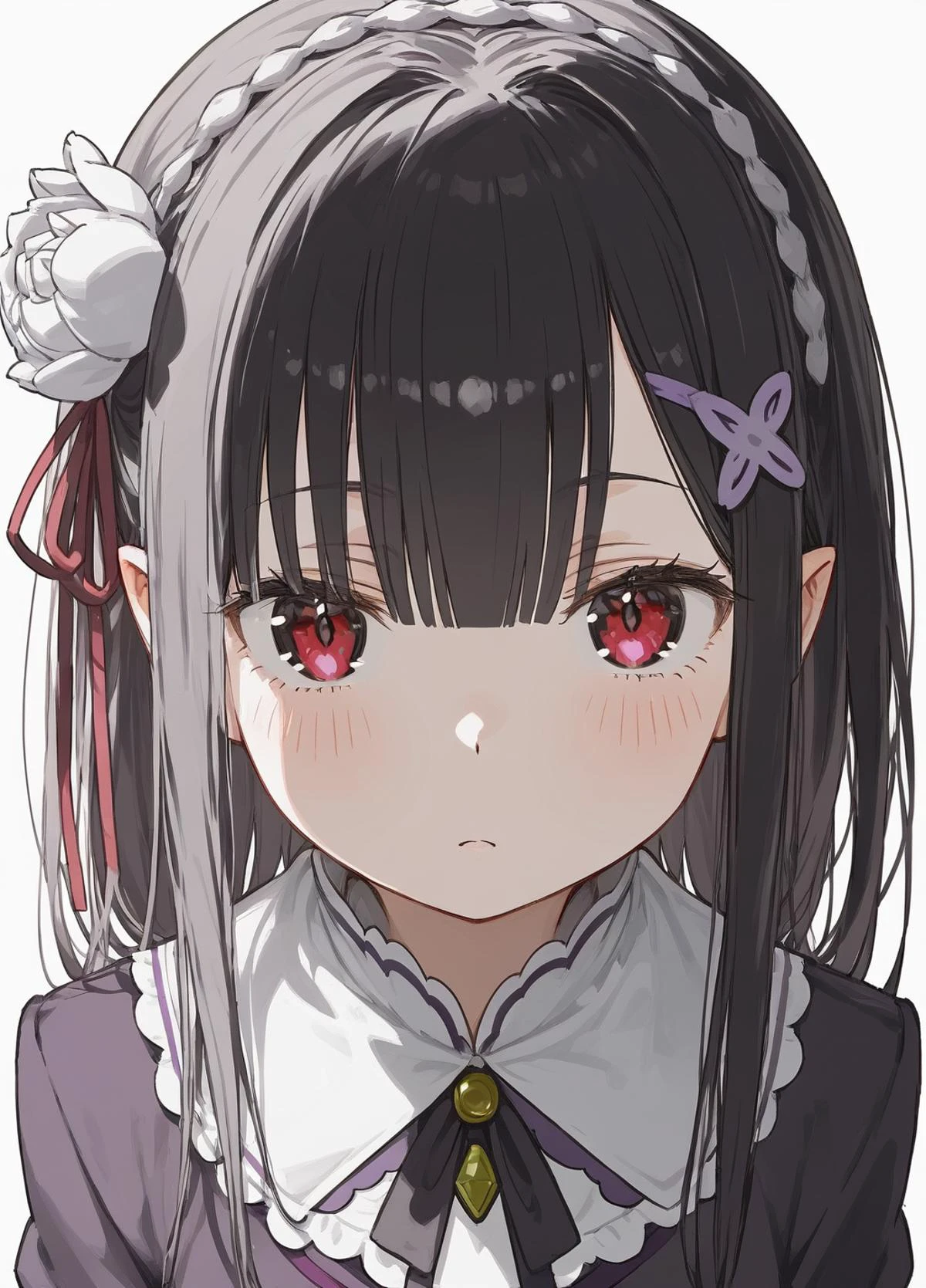 1girl, <lora:rezero-emilia-ponyxl-lora-nochekaiser:1>, emilia \(re:zero\), <lora:kakuya:1> shuuchiin_academy_uniform, red_ribbon, ribbon, school_uniform, dress, solo, folded_ponytail, hair_ribbon,