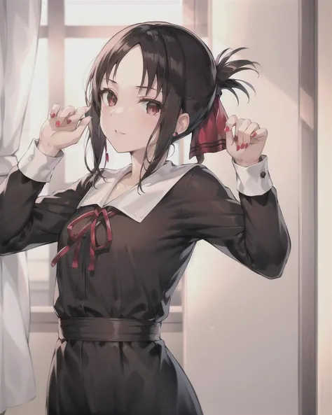 best quality,highly detailed,masterpiece,ultra-detailed,solo,1girl,white background,delicate eyes,shuuchiin_academy_uniform, shinomiya_kaguya, red_ribbon,black_hair,folded_ponytail, hair_ribbon,deep red eyess,bangs,black_dress,eyebrows_visible_through_hair, sidelocks,bare forehead, long sleeves, red earring, perfect fingers, red nails
<lora:kakuya:0.55>