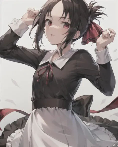 best quality,highly detailed,masterpiece,ultra-detailed,solo,1girl,white background,delicate eyes,shuuchiin_academy_uniform, shinomiya_kaguya, red_ribbon,black_hair,folded_ponytail, hair_ribbon,deep red eyess,bangs,black_dress,eyebrows_visible_through_hair, sidelocks,bare forehead, long sleeves
<lora:kakuya:0.55>