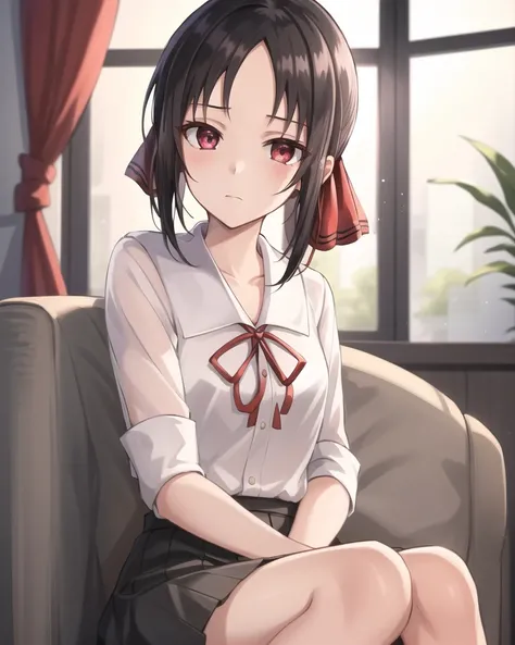 best quality,highly detailed,masterpiece,ultra-detailed,solo,1girl,white background,delicate eyes,shuuchiin_academy_uniform, shinomiya_kaguya, red_ribbon,black_hair,folded_ponytail, hair_ribbon,deep red eyess,bangs,black_dress,eyebrows_visible_through_hair, sidelocks,bare forehead,expressionless, sitting, caustics,
