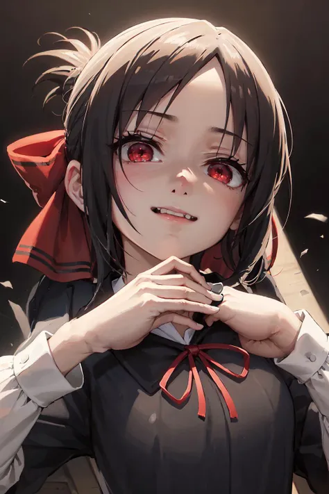 (anime style), masterpiece, 8k, best quality, 1girl, female, mature, portrait, <lora:CHAR-Kaguya:0.5>, shuuchiin academy uniform, shinomiya kaguya, red ribbon, ribbon, school uniform, dress, black hair, solo, folded ponytail, hair ribbon, red eyes, sidelocks, parted bangs, looking at viewer, facing viewer, dim light, upper body, (hand on chin:1.4), (creepy look:1.6), from below, portrait, looking down, dark light, (dark background:1.7), black, night, face facing viewer, lightnings, blank background, half open mouth, big smile, happy, empty eyes, (face shadow:1.3), (empty eyes:1.3), hand closed, (looking up:1.2), shadows, (right hand down:1.6),
