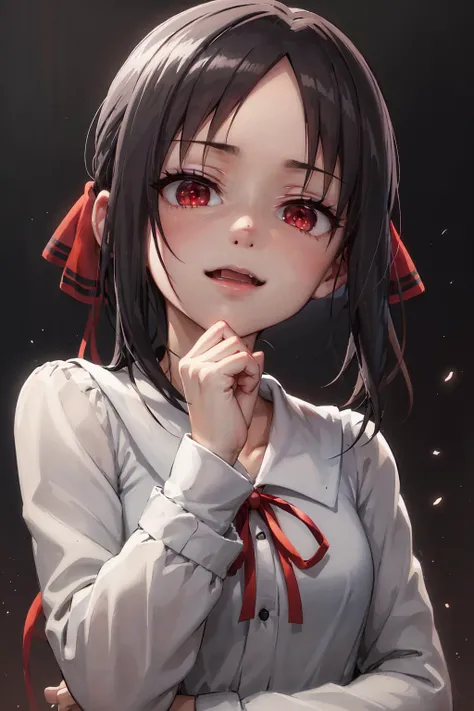 (anime style), masterpiece, 8k, best quality, 1girl, female, mature, portrait, <lora:CHAR-Kaguya:0.5>, shuuchiin academy uniform, shinomiya kaguya, red ribbon, ribbon, school uniform, dress, black hair, solo, folded ponytail, hair ribbon, red eyes, sidelocks, parted bangs, looking at viewer, facing viewer, dim light, upper body, (hand on chin:1.4), (creepy look:1.6), from below, portrait, looking down, dark light, (dark background:1.7), black, night, face facing viewer, lightnings, blank background, half open mouth, big smile, happy, empty eyes, (face shadow:1.3), (empty eyes:1.3), hand closed, (looking up:1.2), shadows, (right hand down:1.6),