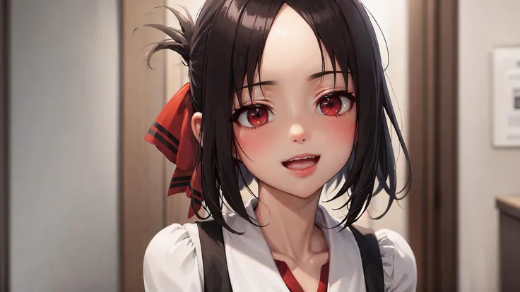 (anime style), masterpiece, depth of field, photorealistic, absurdres, wallpaper, best quality, 8k, best quality, cinematic lighting, 1girl, female, mature, portrait, detailled background, <lora:CHAR-Kaguya:0.5>, shuuchiin academy uniform, shinomiya kaguya, red ribbon, ribbon, school uniform, dress, black_hair, solo, folded ponytail, hair ribbon, red eyes, sidelocks, parted bangs, looking at viewer, blush, facing viewer, smile, happy, joyful, :d, school, upper body,