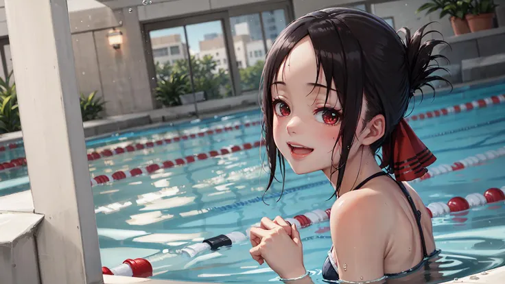 (anime style), masterpiece, depth of field, photorealistic, absurdres, wallpaper, best quality, 8k, best quality, cinematic lighting, 1girl, female, mature, portrait,<lora:CHAR-Kaguya:0.5>, shinomiya kaguya, red ribbon, ribbon, bikini, (swimming pool:1.3), black hair, solo, folded ponytail, hair ribbon, red eyes, sidelocks, parted bangs, looking at viewer, facing viewer, smile, happy, joyful, :d, school, upper body, water, wet, wet hair, school, indoor,