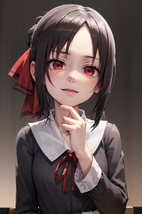 (anime style), masterpiece, 8k, best quality, 1girl, female, mature, portrait, <lora:CHAR-Kaguya:0.5>, shuuchiin academy uniform, shinomiya kaguya, red ribbon, ribbon, school uniform, dress, black hair, solo, folded ponytail, hair ribbon, red eyes, sidelocks, parted bangs, looking at viewer, facing viewer, dim light, upper body, (hand on chin:1.4), (creepy look:1.6), from below, portrait, looking down, dark light, (dark background:1.7), black, night, face facing viewer, lightnings, blank background, half open mouth, big smile, happy, empty eyes, (face shadow:1.3), (empty eyes:1.3), hand closed, (looking up:1.2), shadows, (right hand down:1.6),