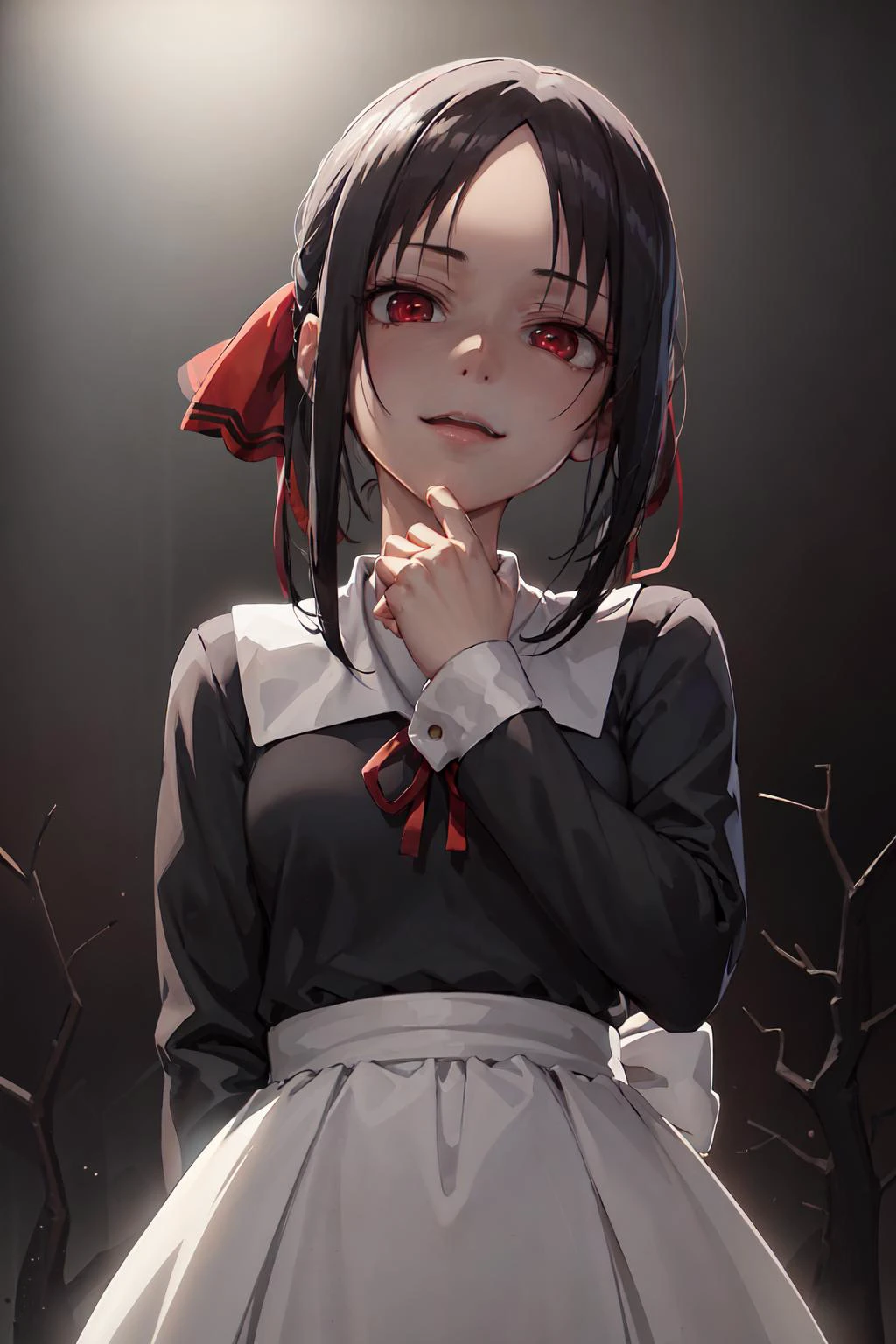 (anime style), masterpiece, 8k, best quality, 1girl, female, mature, portrait, <lora:CHAR-Kaguya:0.5>, shuuchiin academy uniform, shinomiya kaguya, red ribbon, ribbon, school uniform, dress, black hair, solo, folded ponytail, hair ribbon, red eyes, sidelocks, parted bangs, looking at viewer, facing viewer, dim light, upper body, (hand on chin:1.4), (creepy look:1.6), from below, portrait, looking down, dark light, (dark background:1.7), black, night, face facing viewer, lightnings, blank background, half open mouth, big smile, happy, empty eyes, (face shadow:1.3), (empty eyes:1.3), hand closed, (looking up:1.2), shadows, (right hand down:1.6),