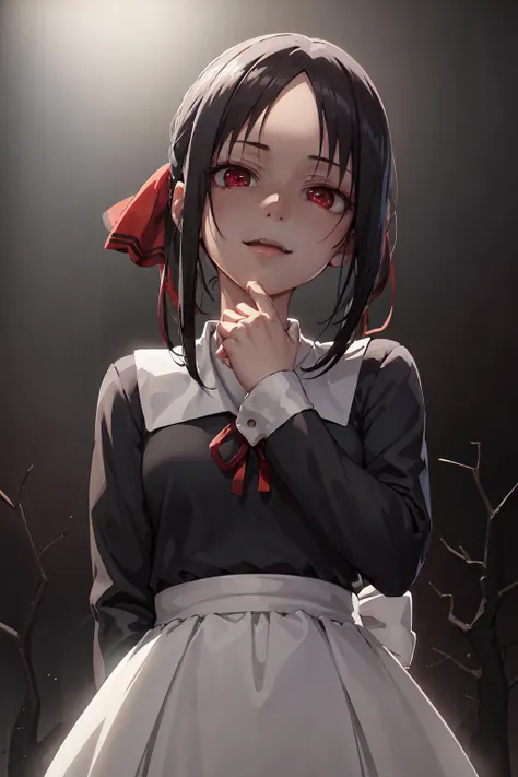 (anime style), masterpiece, 8k, best quality, 1girl, female, mature, portrait,  <lora:CHAR-Kaguya:0.5>, shuuchiin academy uniform, shinomiya kaguya, red ribbon, ribbon, school uniform, dress, black hair, solo, folded ponytail, hair ribbon, red eyes, sidelocks, parted bangs, looking at viewer, facing viewer, dim light, upper body, (hand on chin:1.4), (creepy look:1.6), from below,  portrait, looking down, dark light, (dark background:1.7), black, night, face facing viewer, lightnings, blank background, half open mouth, big smile, happy, empty eyes, (face shadow:1.3), (empty eyes:1.3), hand closed, (looking up:1.2), shadows,  (right hand down:1.6),