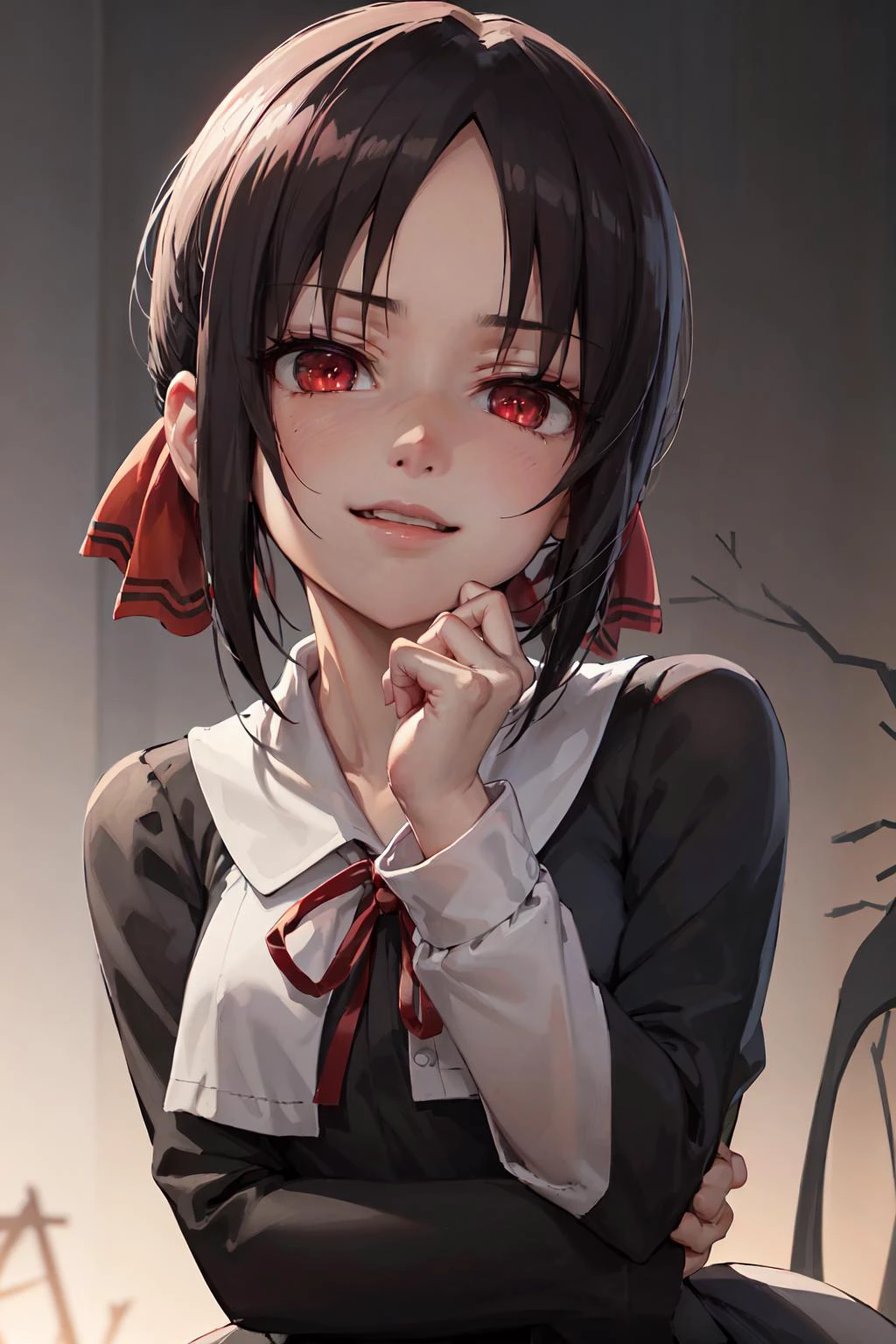 (anime style), masterpiece, 8k, best quality, 1girl, female, mature, portrait, <lora:CHAR-Kaguya:0.5>, shuuchiin academy uniform, shinomiya kaguya, red ribbon, ribbon, school uniform, dress, black hair, solo, folded ponytail, hair ribbon, red eyes, sidelocks, parted bangs, looking at viewer, facing viewer, dim light, upper body, (hand on chin:1.4), (creepy look:1.6), from below, portrait, looking down, dark light, (dark background:1.7), black, night, face facing viewer, lightnings, blank background, half open mouth, big smile, happy, empty eyes, (face shadow:1.3), (empty eyes:1.3), hand closed, (looking up:1.2), shadows, (right hand down:1.6),