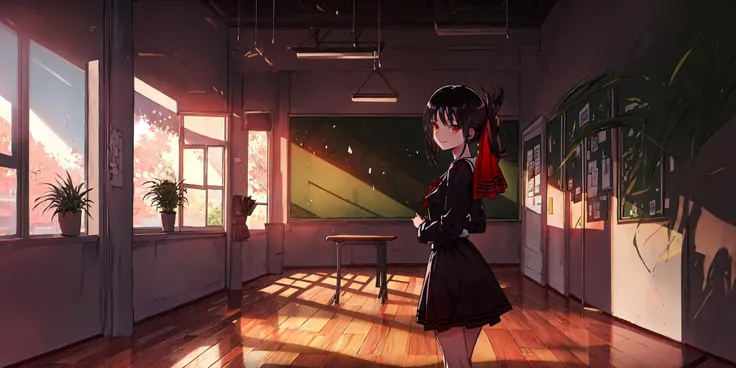 atdan,1girl, solo, cowboy shot, standing, closed mouth, smile, (shuuchiin_academy_uniform, shinomiya_kaguya, red_ribbon, ribbon, school_uniform, dress, black_hair, solo, folded_ponytail, hair_ribbon, red_eyes, sidelocks, parted_bangs),(gradient background, classroom, hallway, window, reflection, plant, wooden floors, looking at viewer), weird atmosphere, (best quality:1.1), (masterpiece:1.2), high quality shadow, beautiful detailed, (high detailed skin, skin details), (wide_landscape, 8k), beautiful face, detailed eyes, depth of field, dramatic light, best quality, highres, best shadow, best illumination, <lora:kakuya:0.8>, <lora:atdan:0.65>,