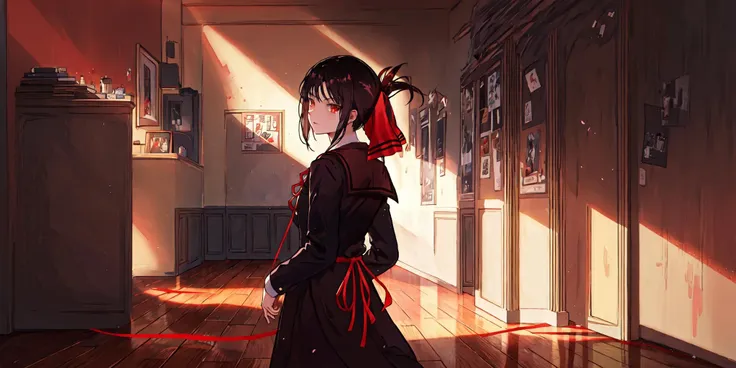 atdan,1girl, solo, cowboy shot, closed mouth, standing, back against wall,(shuuchiin_academy_uniform, shinomiya_kaguya, red_ribbon, ribbon, school_uniform, dress, black_hair, solo, folded_ponytail, hair_ribbon, red_eyes, sidelocks, parted_bangs),(gradient background, hallway, sunlight, reflection, wooden floors, looking at viewer), weird atmosphere, (best quality:1.1), (masterpiece:1.2), high quality shadow, beautiful detailed, (high detailed skin, skin details), (wide_landscape, 8k), beautiful face, detailed eyes, depth of field, dramatic light, best quality, highres, best shadow, best illumination, <lora:kakuya:0.8>, <lora:atdan:0.65>,