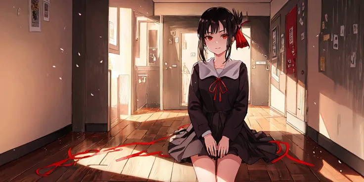 atdan,1girl, solo, cowboy shot, sitting, closed mouth, against wall,(shuuchiin_academy_uniform, shinomiya_kaguya, red_ribbon, ribbon, school_uniform, dress, black_hair, solo, folded_ponytail, hair_ribbon, red_eyes, sidelocks, parted_bangs),(gradient background, hallway, sunlight, reflection, wooden floors, looking at viewer), weird atmosphere, (best quality:1.1), (masterpiece:1.2), high quality shadow, beautiful detailed, (high detailed skin, skin details), (wide_landscape, 8k), beautiful face, detailed eyes, depth of field, dramatic light, best quality, highres, best shadow, best illumination, <lora:kakuya:0.8>, <lora:atdan:0.65>,
