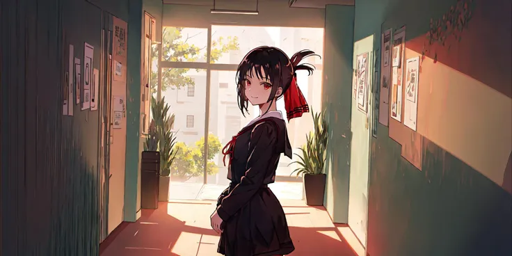 atdan,1girl, solo, cowboy shot, standing, closed mouth, closed mouth, smile, (shuuchiin_academy_uniform, shinomiya_kaguya, red_ribbon, ribbon, school_uniform, dress, black_hair, solo, folded_ponytail, hair_ribbon, red_eyes, sidelocks, parted_bangs),(gradient background, classroom, hallway, window, reflection, plant,  looking at viewer), weird atmosphere, (best quality:1.1), (masterpiece:1.2), high quality shadow, beautiful detailed, (high detailed skin, skin details), (wide_landscape, 8k), beautiful face, detailed eyes, depth of field, dramatic light, best quality, highres, best shadow, best illumination, <lora:kakuya:0.8>, <lora:atdan:0.65>,