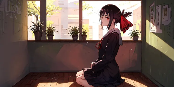 atdan,1girl, solo, cowboy shot, sitting, closed mouth, against wall,(shuuchiin_academy_uniform, shinomiya_kaguya, red_ribbon, ribbon, school_uniform, dress, black_hair, solo, folded_ponytail, hair_ribbon, red_eyes, sidelocks, parted_bangs),(gradient background, classroom, hallway, window, reflection, plant, wooden floors, looking at viewer), weird atmosphere, (best quality:1.1), (masterpiece:1.2), high quality shadow, beautiful detailed, (high detailed skin, skin details), (wide_landscape, 8k), beautiful face, detailed eyes, depth of field, dramatic light, best quality, highres, best shadow, best illumination, <lora:kakuya:0.8>, <lora:atdan:0.65>,