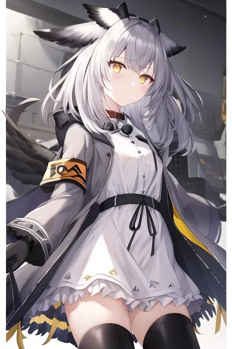 1girl,<lora:A ææ¥æ¹èç½é¢é¸®:1>,upper_body,detailed,1girl,solo,cowboy shot,armband,white_dress,looking_at_viewer,gloves,black_footwear,boots,yellow_eyes,owl_ears,white_hair,orange_eyes,expressionless,jacket,medium_hair,long_sleeves,goggles_around_neck,bangs,grey_coat,bare_legs,long_hair,grey_hair,open_clothes,feather_trim,<lora:Ptilopsis(ark)>,, best quality, masterpiece, detailed,