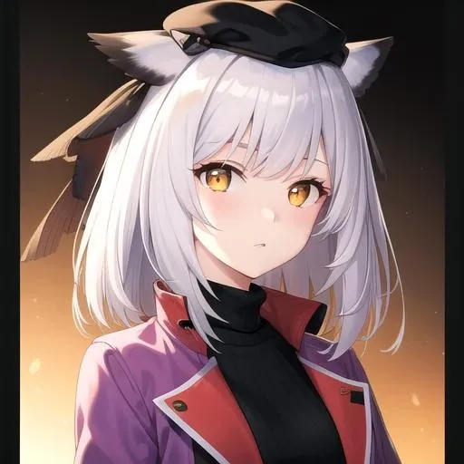 ((masterpiece)),(best quality),official art,extremely detailed CG,unity 8k wallpaper,ultra detailed,1girl,solo,upper body,(portrait:1.2),bangs,owl_ears,long_hair,white_hair,orange_eyes,yellow_eyes,black thighhighs,grey_hair,feather_hair,black_headwear,hat,beret,looking_at_viewer,long_sleeves,purple_jacket,orange_sweater,hair_ornament,black_dress,turtleneck_sweater,black_footwear,<lora:Ptilopsis(ark)>,
