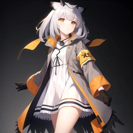 best quality, masterpiece, highres, solo, {ptilopsis_arknights:1.15}, bangs, owl_ears, long_hair, white_hair, orange_eyes, yellow_eyes, upper_body, grey_hair, closed_mouth, feather_hair, 1girl, long_sleeves, armband, coat, dress, looking_at_viewer, white_dress, breasts, elite_ii_\(arknights\), white_coat, medium_breasts, staff, holding, holding_staff, wide_sleeves