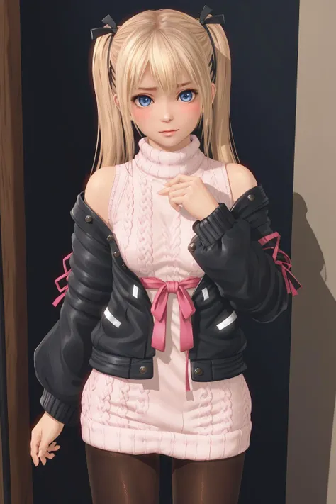 masterpiece, best quality, marie rose, (shy:1.2), blush, sweater, looking at viewer, jacket, pantyhose, (blue eyes:0.7) <lora:marie-000018:0.6>
