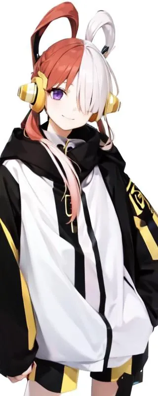 hair over one eye,  headphones, long hair, looking at viewer, smile, solo, split-color hair,   uta, white background  <lora:uta-10 (1):.8> dressed as qiankun girl <lora:0351 Qiankun girl_v1:1>