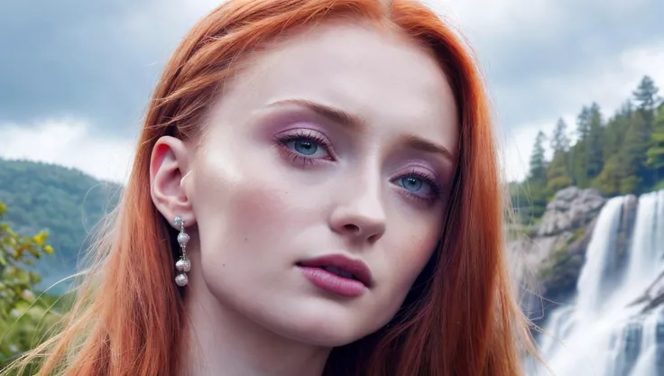 long shot scenic professional photograph of Ultra realistic high definition Sophie Turner, Real life actress, Ultra realistic high definition micro detail eyes, Ultra realistic high definition micro detail lips, Ultra realistic high definition micro detail body structure and skin, Ultra realistic high definition micro detail real life hair style, Ultra realistic high definition micro detail short nails, Random attitude poses, Warm professional lighting, Ultra realistic professional photoshoot, Ultra sharp focus, Random jewlery, Random super model sheer provocatrice dress, Close to a superb water fall, She is standing on a big rock, Look at viewers, (((Extreme close up))), sks woman, <lora:locon_sophie_v1_from_v1_64_32:1>, perfect viewpoint, highly detailed, wide-angle lens, hyper realistic, with dramatic sky, polarizing filter, natural lighting, vivid colors, everything in sharp focus, HDR, UHD, 64K