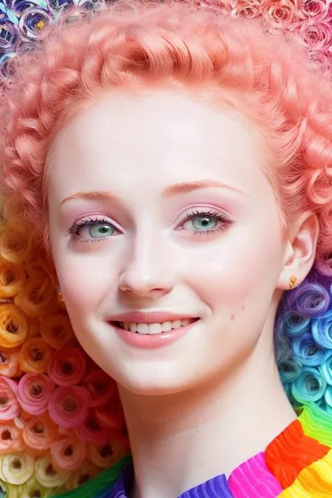 portrait of sks woman, smile, Kitten,(short pink curly hair:1.331), (rainbow striped shirt:1.3), (rainbow pleated skirt:1.3), (beautiful detailed eyes:1.3), standing in a colourful campus with (50 different colours of flowers:1.3) blooming in the background, (masterpiece:1.3), best quality, <lyco:sophieTurner_v10:1.3> <lora:epiNoiseoffset_v2:1.2>