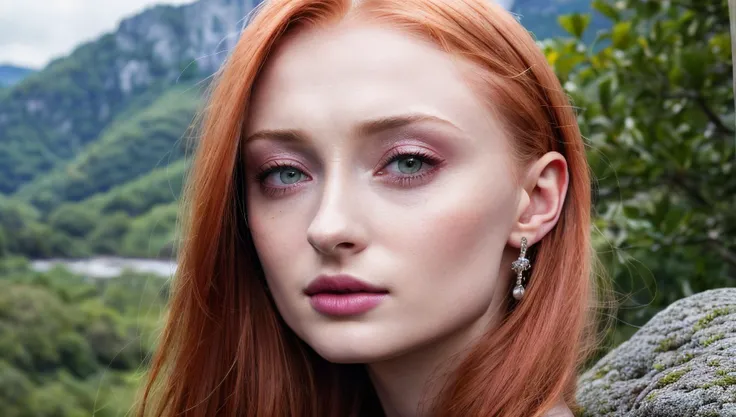 long shot scenic professional photograph of Ultra realistic high definition Sophie Turner, Real life actress, Ultra realistic high definition micro detail eyes, Ultra realistic high definition micro detail lips, Ultra realistic high definition micro detail body structure and skin, Ultra realistic high definition micro detail real life hair style, Ultra realistic high definition micro detail short nails, Random attitude poses, Warm professional lighting, Ultra realistic professional photoshoot, Ultra sharp focus, Random jewlery, Random super model sheer provocatrice dress, Close to a superb water fall, She is standing on a big rock, Look at viewers, (((Extreme close up))), sks woman, <lora:locon_sophie_v1_from_v1_64_32:1>, perfect viewpoint, highly detailed, wide-angle lens, hyper realistic, with dramatic sky, polarizing filter, natural lighting, vivid colors, everything in sharp focus, HDR, UHD, 64K