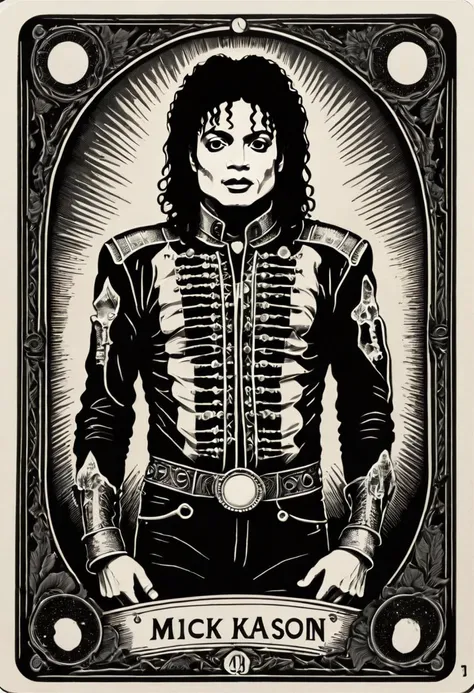 tarot_card, michael jackson, front perspective, flat, frame,( square:1.1), (white outline:1.2) <lora:tarot_card:1>