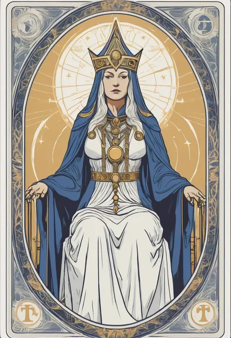 tarot card, the high priestess, front perspective, flat, frame, square, white (outline:1.1)