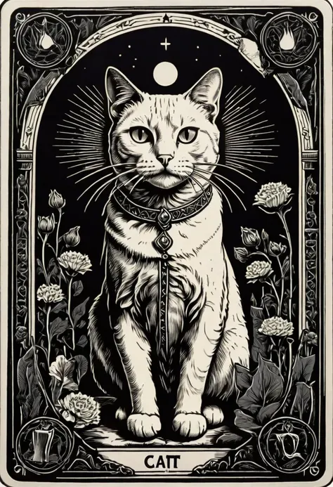 tarot_card, cat, front perspective, flat, frame,( square:1.1), (white outline:1.2) <lora:tarot_card:1>