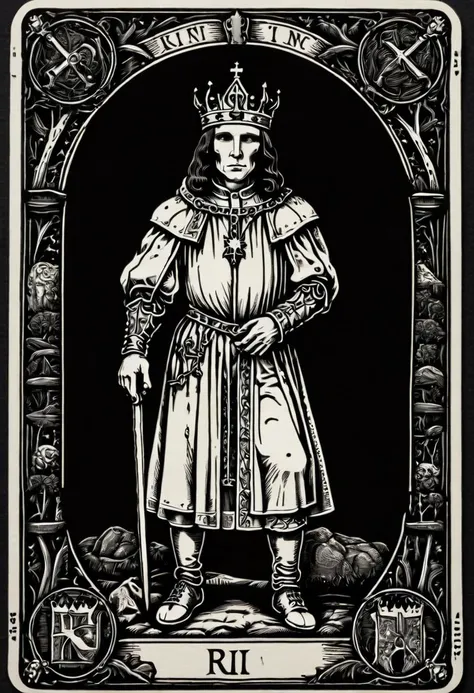 tarot card, King Richard III, front perspective, black background, flat, frame, square, white outline <lora:tarot_card:1>