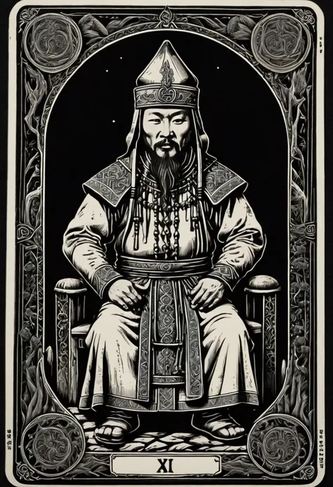 tarot card, Ghengis Khan, front perspective, black background, flat, frame, square, white outline <lora:tarot_card:1>