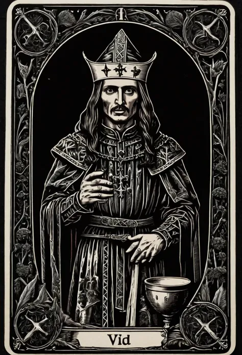 tarot card, Vlad the Impaler, front perspective, black background, flat, frame, square, white outline <lora:tarot_card:1>