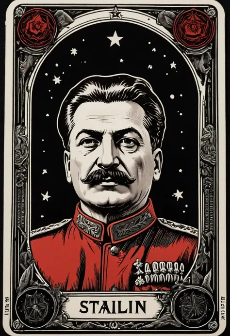 tarot card, Stalin, front perspective, black background, flat, frame, square, white outline <lora:tarot_card:1>